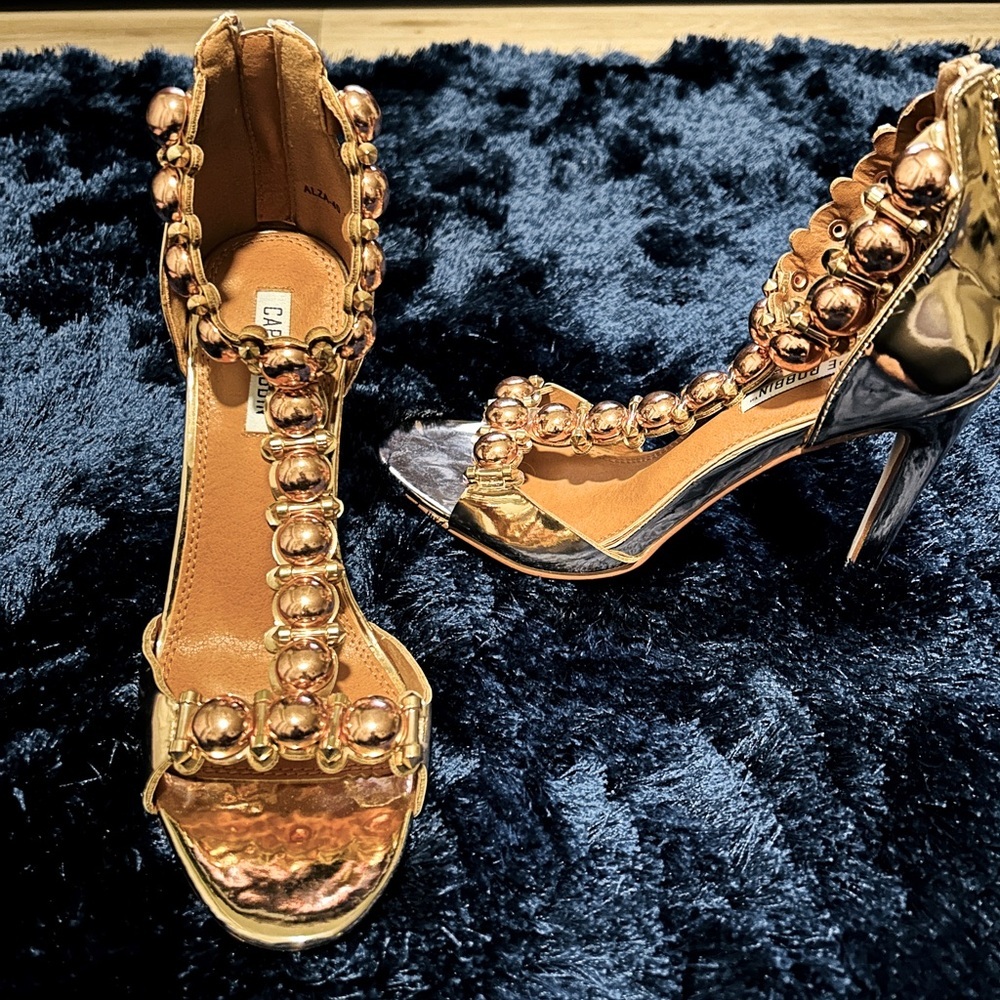 Rose Gold Metallic Stiletto Sandals, Women 7.5, Studded Pink Shiny high heels
